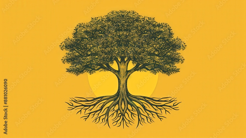 Poster a tree with its roots visible in the ground. the image has a sense of depth and the roots seem to be