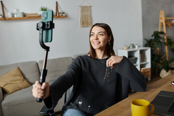 A young woman, dressed in a grey sweater, sits at a desk in her home, using a selfie stick to film...