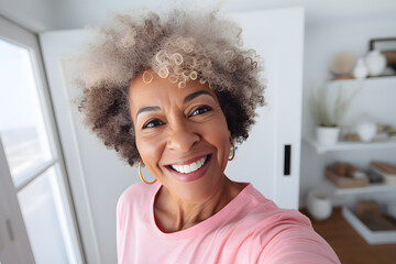 Close up photo of a happy senior African American woman in pastel shirt taking a selfie