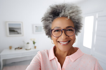 Close up photo of a happy senior African American woman in pastel shirt taking a selfie