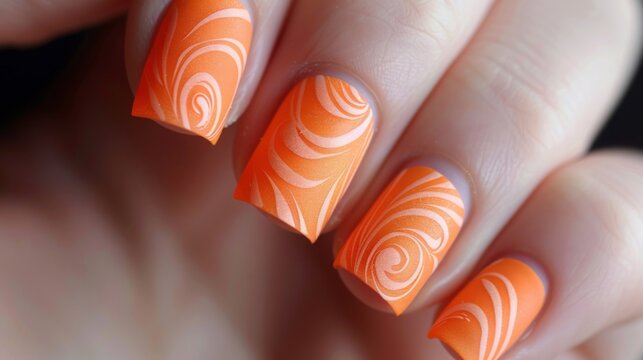 Close-up of a hand with orange nails featuring a swirl design.