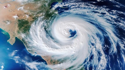 The formation and movement of a huge cyclone above the Earth's surface. Meteorological satellites guard the safety of people. Timely warning and taking measures to protect the population.