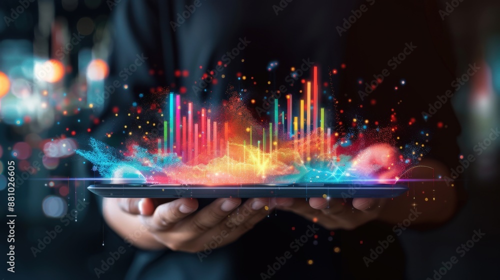 Poster a person is holding a tablet with a colorful, abstract design on it. concept of creativity and innov