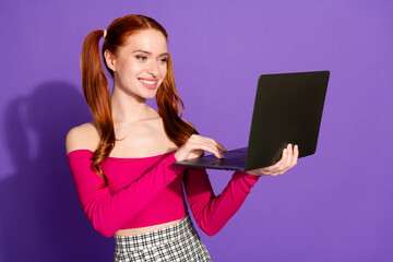 Photo of charming positive girl wear pink top chatting instagram twitter telegram facebook empty...