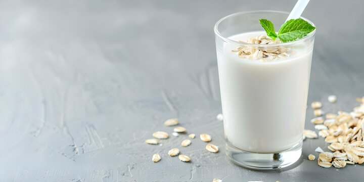 Glass straw oat milk A delicious and nutritious dairy-free option for those with sensitivities. Concept Dairy alternative, Glass straw, Oat milk, Sensitivities, Nutritious