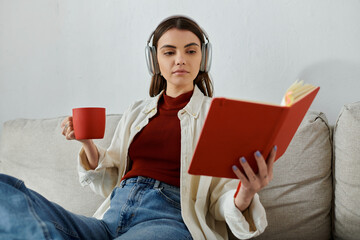 A young woman in casual attire enjoys a moment of relaxation in her living room, listening to music while reading a book.