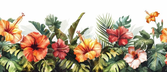Watercolor tropical flowers and leaves border.