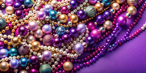 Vibrant beads and pearls overflow from delicate necklaces and bracelets, scattered across a rich purple background, surrounded by ample copyspace for text or design elements.