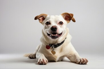Fototapeta premium Smiling white dog with brown ears lying down on gray background