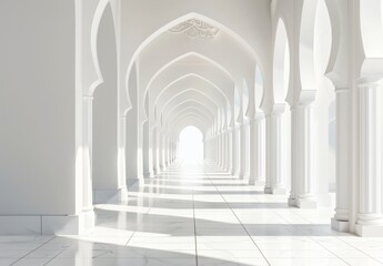Obraz premium white background with Islamic patterns and arches, with light coming from the right side of an empty corridor