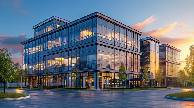 Tall Glass Office Building at Dusk in 8K Resolution with Sabattier Effect