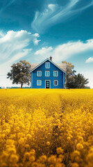 Blue color Wooden farmhouse in the yellow flower field with clouds in the sky