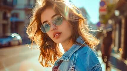 Fashion woman portrait of young pretty trendy girl posing at the city in Europe