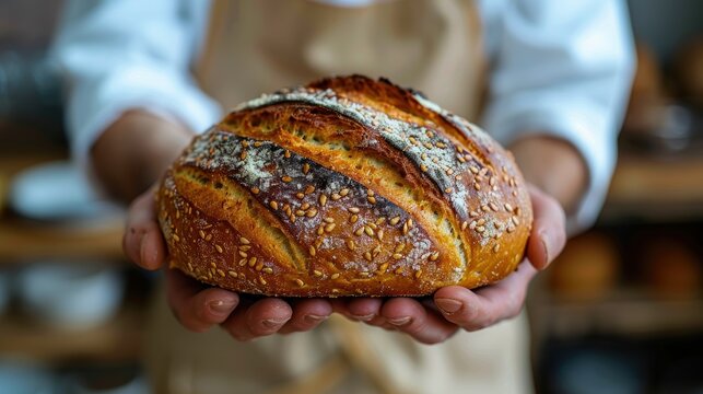 Freshly baked artisan bread held by a baker in a rustic kitchen, showing golden crust and sesame seeds. Perfect for bakery and food related content.