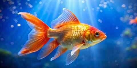 Fototapeta premium Goldfish in a Blue Water Tank, Single Fish with Orange Fins, Close Up of Eye and Scales, Underwater Photography, Fish, Aquarium, Goldfish