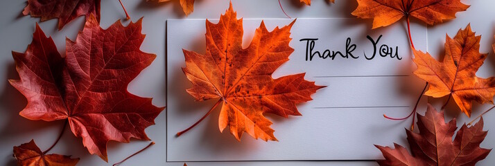Fall leaves with a thank you card on a white background, conveying a message of gratitude. Concept of thanksgiving, appreciation, and seasonal greetings