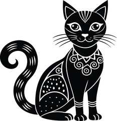 decorative cat illustration black and white. pets, shorthair, tail, red, purebred, british, posing, paw,