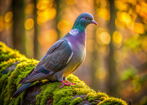 A majestic pigeon ramier Columba palumbus perches on a moss-covered stone wall, its iridescent feathers glistening in the soft afternoon sunlight filtering through trees.