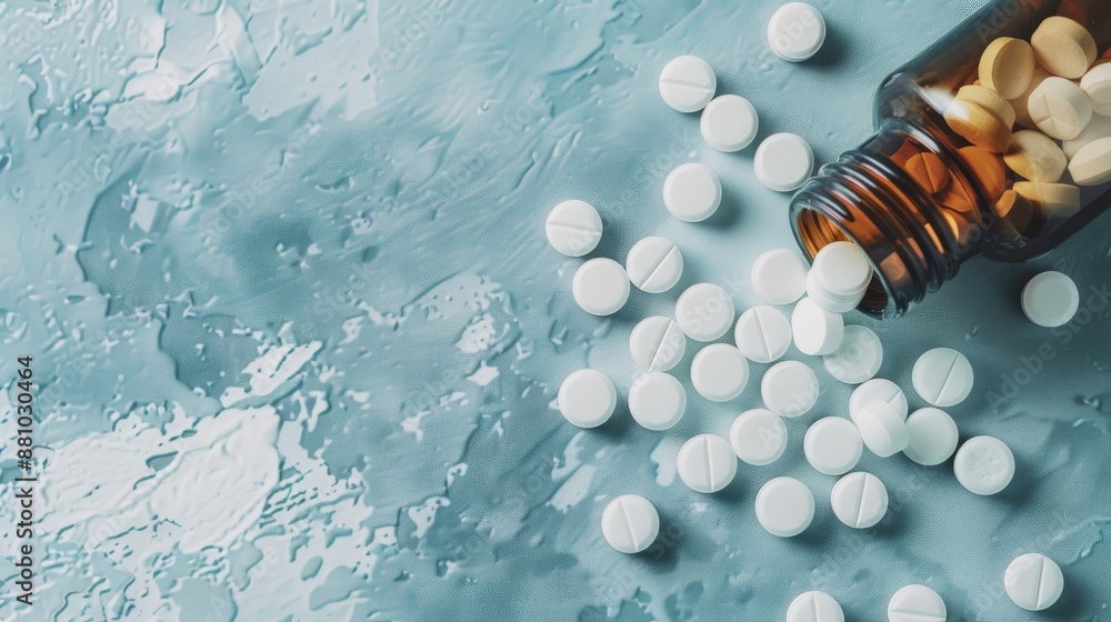 Canvas Prints Macro top down view of spilled white medical pills and tablets from a medication bottle with space for text