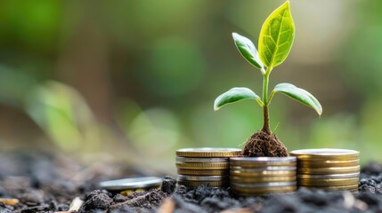 Sustainable finance and investment concept with a plant sprouting from savings coins