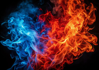 Fototapeta premium Vibrant red and blue flames erupt against a dark black background, creating a mesmerizing contrast of colors and intensity in this abstract fiery display.