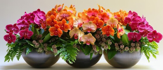 Obraz premium Elegant Floral Arrangements in Modern Round Vases Colorful Orchid Display