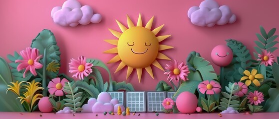 3D Style Solar Panels with Smiling Sun in Vibrant Nature Background