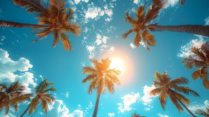 View from below, vintage style, tropical beach and summer background, looking up at blue sky and palm trees