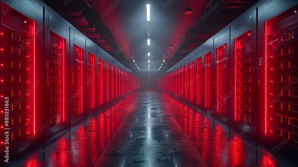 Poster multiple rows of fully functioning server racks in a data center. modern telecommunications, cloud c