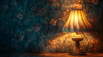 Vintage Table Lamp Illuminating Floral Wallpaper in Cozy Room