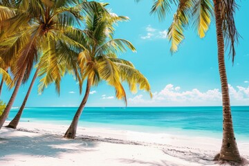 Tropical white sand beach with palm trees and turquoise sea on a Caribbean island.