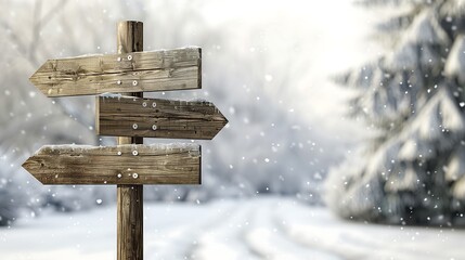 empty wooden signpost pointing in three directions path with winter scene background