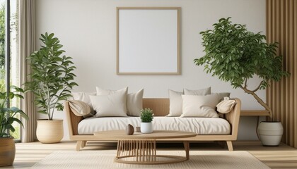 Frame mockup, ISO A paper size. Living room wall poster mockup. Interior mockup with house background. Modern interior design. 3D render 