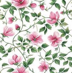 watercolour, pink and red flowers on a white background, green leaves, a small floral pattern
