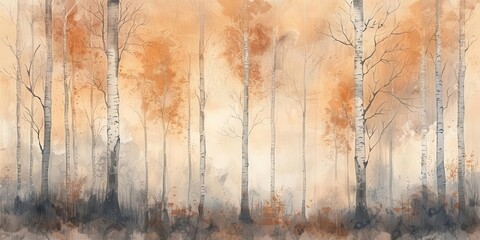 A serene depiction of tall birch trees in autumn