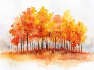A soft and warm watercolor painting showing a cluster of autumn trees with leaves in shades of orange and yellow The background fades into a misty white