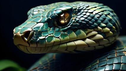 Green Snake looks into the camera symbol of the New Year 2025.