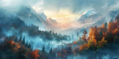 An enchanting depiction of a foggy mountain landscape at dawn
