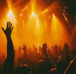 Bright yellow stage lights illuminate a concert crowd