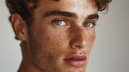 Fototapeta premium A young man with curly brown hair and blue eyes looks directly at the camera. His face is covered in freckles.