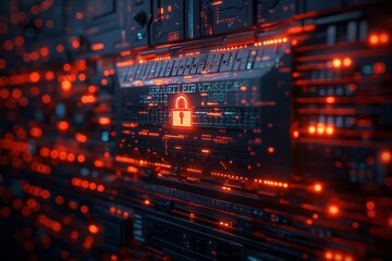 Obraz premium Red server room experiencing security breach with padlock icon glowing