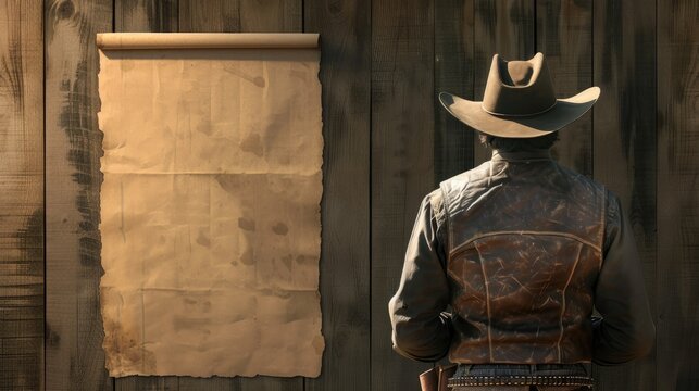 Cowboy poster on wall with copy space for country event or wanted ad