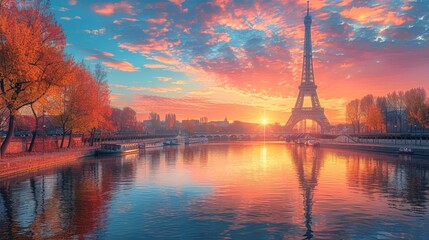 Sunset with Eiffelturm over Paris Skyline