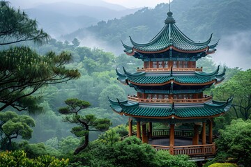 Naklejka premium Serene Pagoda Amidst Lush Greenery and Misty Mountains