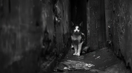 Obraz premium Stray Kitten in an Urban Alley - A black and white photo of a stray kitten sitting alone in a narrow urban alley, capturing the essence of urban solitude and resilience.