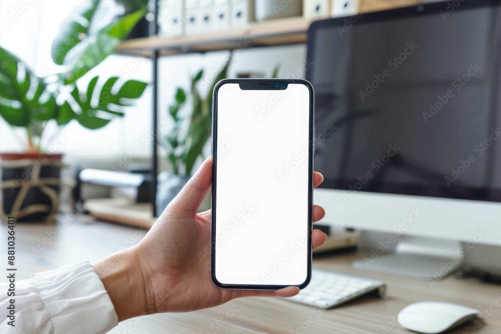 Poster using a smartphone for graphic display montage. networking service is being used by the woman.