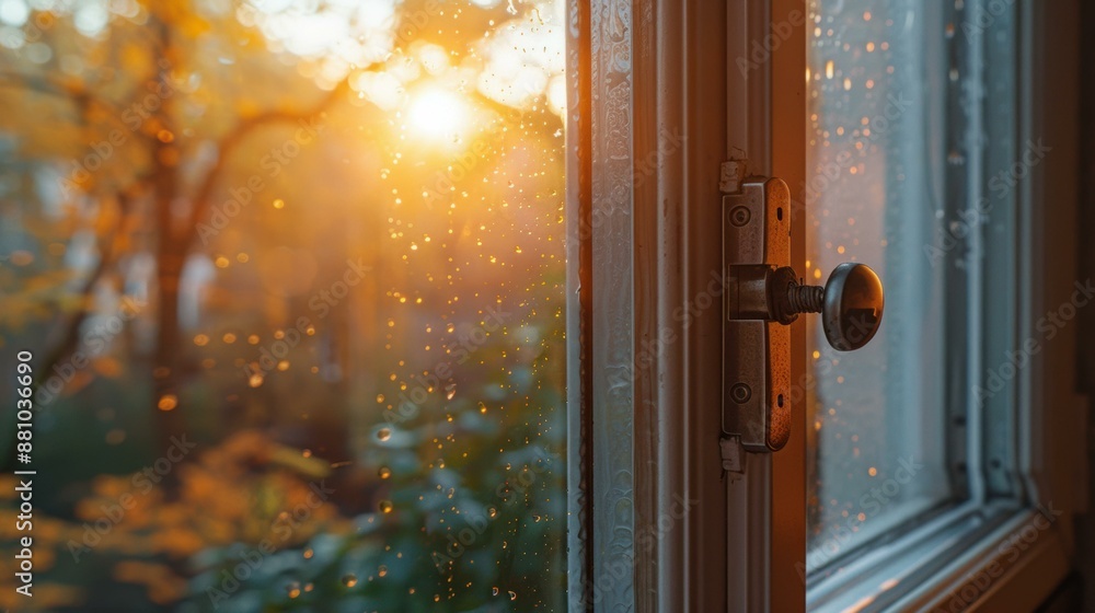 Sticker Raindrops on a windowpane with an autumn forest in the background. AI.