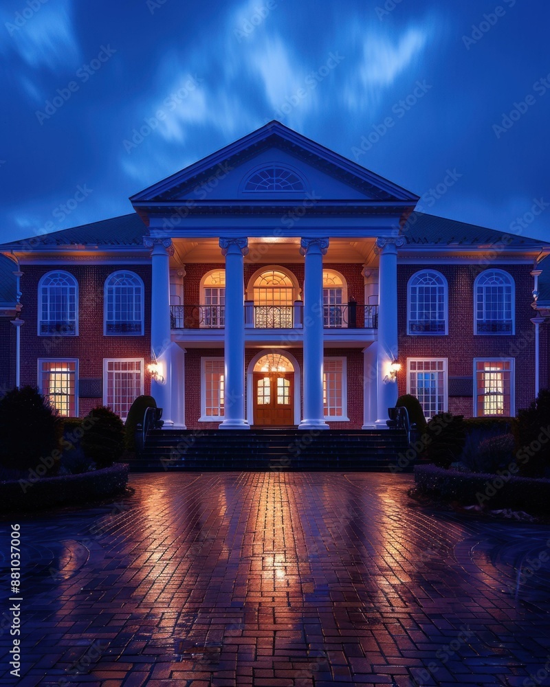 Wall mural Impressive brick mansion with white columns and a grand staircase leading up to the front door. AI.