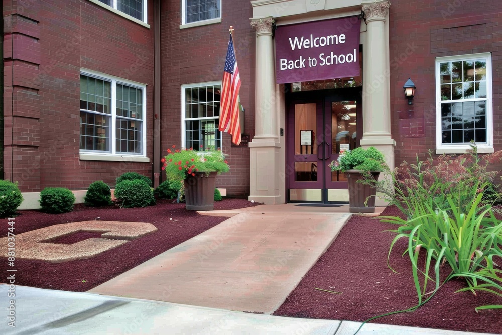 Wall mural School entrance with a sign 