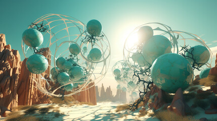 Abstract scfi-fi landscape with connected 3D balls and molecular grid structure. Futuristic surreal abstraction.